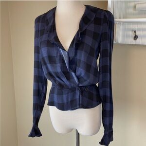 Reformation Navy Checkered Blouse